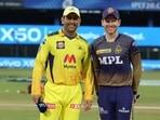 CSK captain MS Dhoni with KKR skipper Eoin Morgan