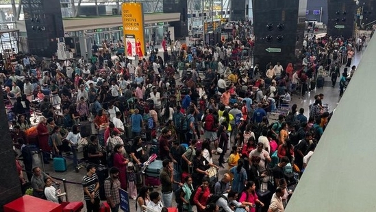 IndiGo Airlines faces chaos at Bengaluru airport due to a technical glitch, causing long delays.(X/@Masterji_UPWale)