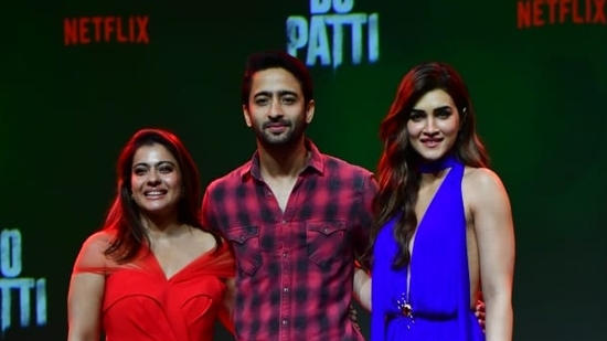 Kajol, Shaheer Shaikh and Kriti Sanon are all smiles as they pose together at the trailer launch of Do Patti. 