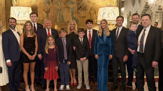 Elon Musk and his son X ? A-Xii (second right) pose with Trump's family. (X/@KaiTrumpGolfs)